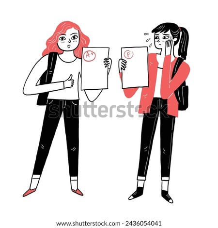 Happy and upset female students share final test results for college admissions. Hand drawing vector illustration doodle style.