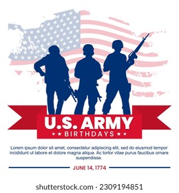 Happy US Army birthday celebration concept background in blue color, soldier and USA abstract flag vector illustration