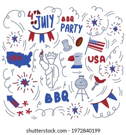 Happy US Independence Day background. The national holiday is July 4. A pattern with the symbols of America in the colors of the flag. Vector illustration