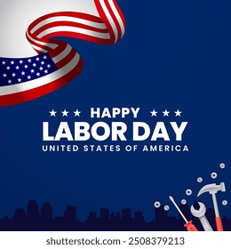 Happy US Labor Day Banner blauer Hintergrund mit Arbeitstools