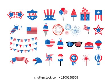 Happy USA Independence Day 4 th July. American holiday celebration. Collection of elements and icons