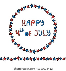 Happy USA Independence Day 4 th July Lettering in a Circle Frame of Stars. Endless Star Ribbon or Brush. Greeting card and poster Design. Realistic Hand Drawn Illustration. Savoyar Doodle Style.