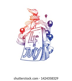 Happy USA Independence Day 4 th July. Greeting card and poster Design - Hand Draw Sketch Vector Illustration.