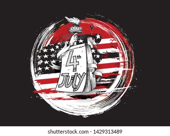 Happy USA Independence Day 4 th July. Greeting card and poster Design - Hand Draw Sketch Vector Illustration.
