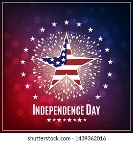 Happy USA Independence day, 4th of July. Patriotic template for greeting card, flyer, party poster, banner. American themed star, text message, sparkler and colorful light effects.