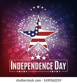 Happy USA Independence day, 4th of July. Patriotic template for greeting card, flyer, party poster, banner. American themed star, text message, sparkler and colorful light effects.