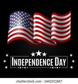 Happy USA Independence day, 4th of July. Patriotic template for greeting card, flyer, poster, banner. American Flag, decorated text message, on top of black background.