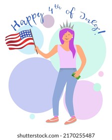 Happy USA Independence Day. July 4 - Independence Day. A young girl with a toy crown on her head and a smartphone in her hand hold the US flag in her other hand.