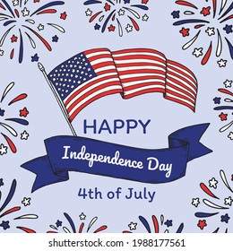 Happy USA Independende Day design with waving national flag. 4th of July. Hand drawn vector illustration