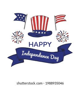 Happy USA Independende Day design with flags and cap. 4th of July. Hand drawn vector illustration