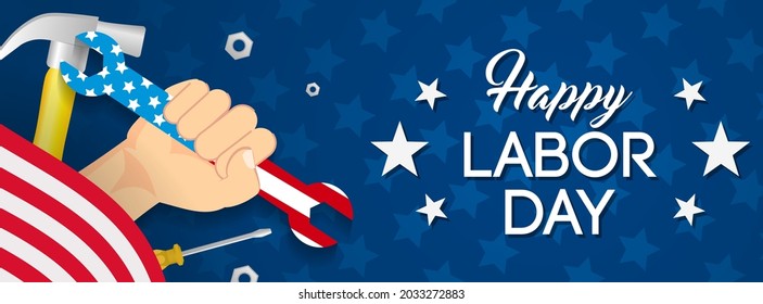 Happy USA Labor Day Banner vector illustration. Hand holding  US flag wrench and another tools on blue star pattern background