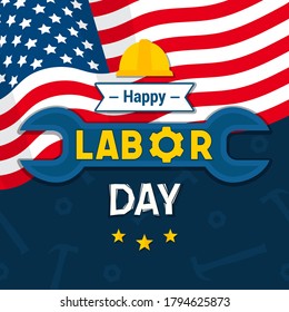 Happy USA Labor day greeting card vector illustration. Labor tool with flag of America waving. flat design