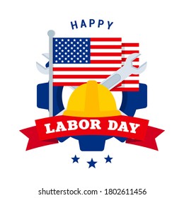 Happy USA Labor Day greeting card vector illustration. Flag of USA with safety helmet on gear mechanism. Flat design