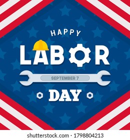 Happy USA Labor Day on September7 greeting card vector illustration. Labor tool on star pattern, flat design