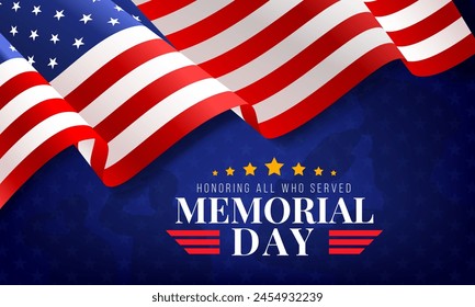 Happy usa memorial day background, greeting card and banner with american flag, star and soldier silhouette. Veteran or memorial day celebration poster. 4th of july independence day holiday background