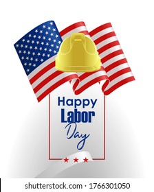 Happy USA national Labor Day banner. Design template. Vector illustration. Helmet and United States of America flag.
