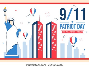 Feliz Dia Patriota dos EUA Ilustração Vetor com a bandeira dos Estados Unidos, 911 Memorial, e nunca esqueceremos o texto em um plano de fundo Design