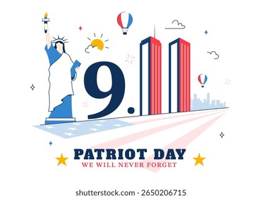 Feliz Dia Patriota dos EUA Ilustração Vetor com a bandeira dos Estados Unidos, 911 Memorial, e nunca esqueceremos o texto em um plano de fundo Design