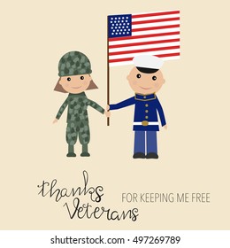 Happy USA veteran day background hand lettering kids in military uniform vector.Illustration EPS 10.
