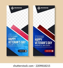 Happy USA Veterans Day Vertical Banners Set For Social Media And Other Advertising Design. Space For Photo Collage And Text. Polygonal Background With Blue Or Red Colors. Web Page Story Banner.