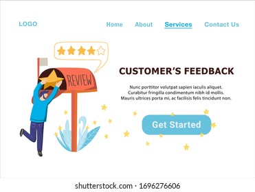 A happy user client submitting a five star review. Hand drawn flat vector illustration of Feedback email template, concept for webside landing page. a customer sending positive feedback or comment