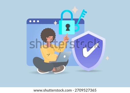 Happy user sitting with laptop, pointing at a secure lock and protection shield. Concept of safe internet browsing, data privacy, antivirus security, and verified login access.