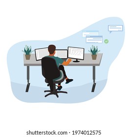 Happy using computer at home. Flat style.eps