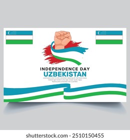 Happy Uzbekistan independence Day Banner and hand flag design vector