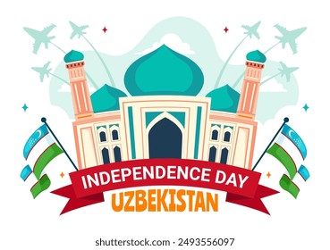 Happy Uzbekistan Independence Day Vector Illustration on September 1st with Uzbek Flag and Ribbon in a National Holiday Flat Style Cartoon Background
