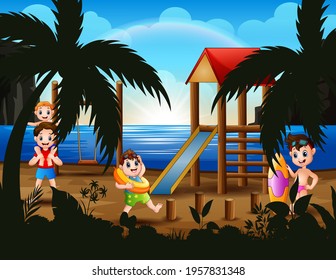 Happy vacation boys in the beach illustration
