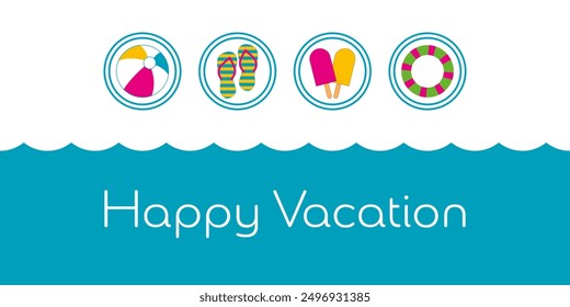 Felices vacaciones. Tarjeta colorida con chanclas, pelota de playa, anillo de natación y helado.