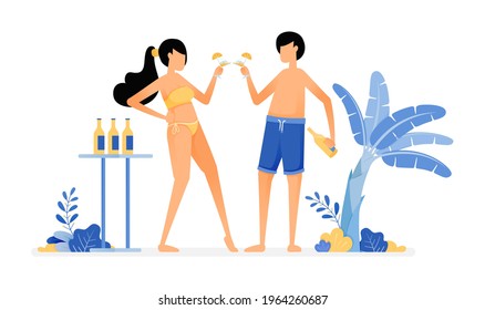 happy vacation illustration. Lovers toast a glass of beer, enjoying holidays and having a small party by the beach. Vector design can be used for poster, banner, ad, website, web, mobile, marketing