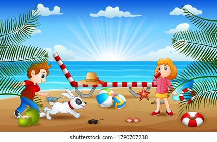 Happy vacation with kids playing at the beach