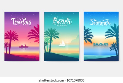 Happy vacation landscape paradise on tropical island. Palm tree silhouette on blue sea. Traveling romantic date