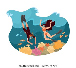 Happy Vacation with Man and Woman Couple Diving Underwater Together Vector Illustration