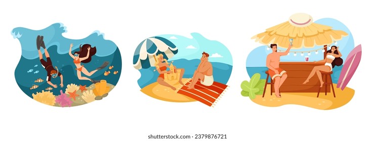 Happy Vacation with Man and Woman Couple Having Beach Rest Vector Illustration Set