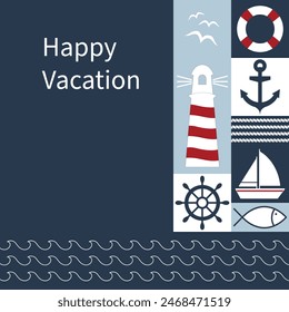 Felices vacaciones. Tarjeta de felicitación marítima con faro, ancla, velero, peces, gaviotas, salvavidas y volante.