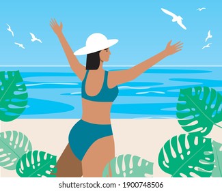 Happy vacation at sea. Flat vector stock illustration. Woman with hat at the seaside resort. Concept of happiness, vacation, happy tourist, seaside resort. Vector illustration