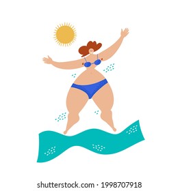 Felices vacaciones en el mar. Ilustración de material vectorial plano. Mujer en el balneario. Concepto de felicidad, vacaciones, turismo feliz, balneario. Ilustración del vector