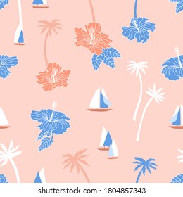 Happy vacation. Seamless pattern with yachts. Retro textile collection.