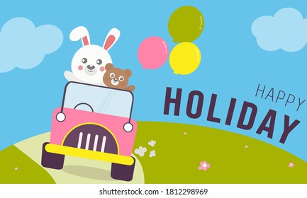 Happy vacation trip and smile, cartoon white rabbit driving on the road, brown bear sitting beside, colored balloons, car decoration, background with letter or text holder.cartoon vector illustration.