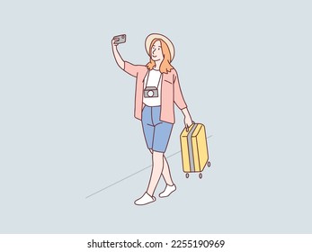 Happy vacation woman selfie carry suitcase being ready to go holidays simple korean style illustration