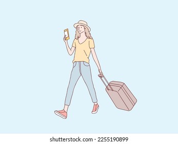 Happy vacation woman walking carry suitcase and passport being ready to go holidays simple korean style illustration