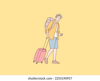 Happy vacation young man carry suitcase being ready to go holidays simple korean style illustration