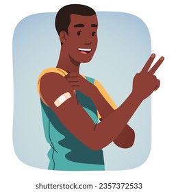 Happy vaccinated person after vaccination. Immune African American man showing arm shoulder with bandage after vaccine injection. Health care disease prevention flat vector illustration