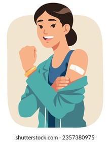 Happy vaccinated person after vaccination. Immune African American man showing arm shoulder with bandage after vaccine injection. Health care disease prevention flat vector illustration