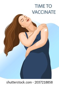 Happy Vaccinated Woman demonstrates that she feels great after Covid-19 Vaccine Injection. Motivation poster, vector illustration