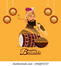 Happy Vaisakhi Celebration Background With Realistic Drum And Sikh Flag