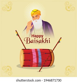 Happy Vaisakhi Celebration Background With Realistic Drum And Sikh Flag