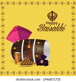 Happy vaisakhi celebration background with realistic drum and sikh flag